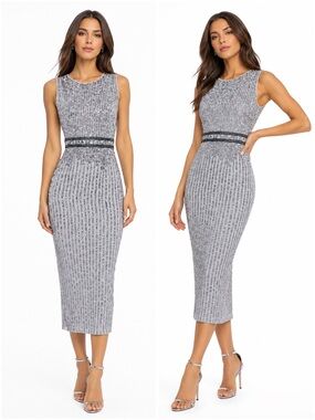 Mac Duggal Platinum Beaded Sequin Midi Sheath Dress Silver Gray Size 10 NWT